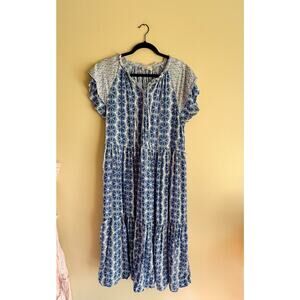 Vineyard Vines Blue + White Watercolor Geo Contrast Print Mixed Midi Dress Large